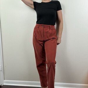 Pleated Front Wide Wale Corduroy High Rise Trousers Pants Rust Red Medium